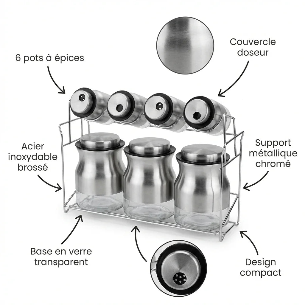 Set de 3 pots à épices avec support métallique