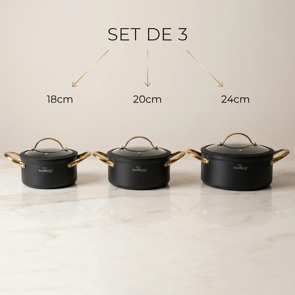 Set de Faitouts 6 Pièces – 18 / 20 / 24 cm – Noir Mat & Poignées Dorées