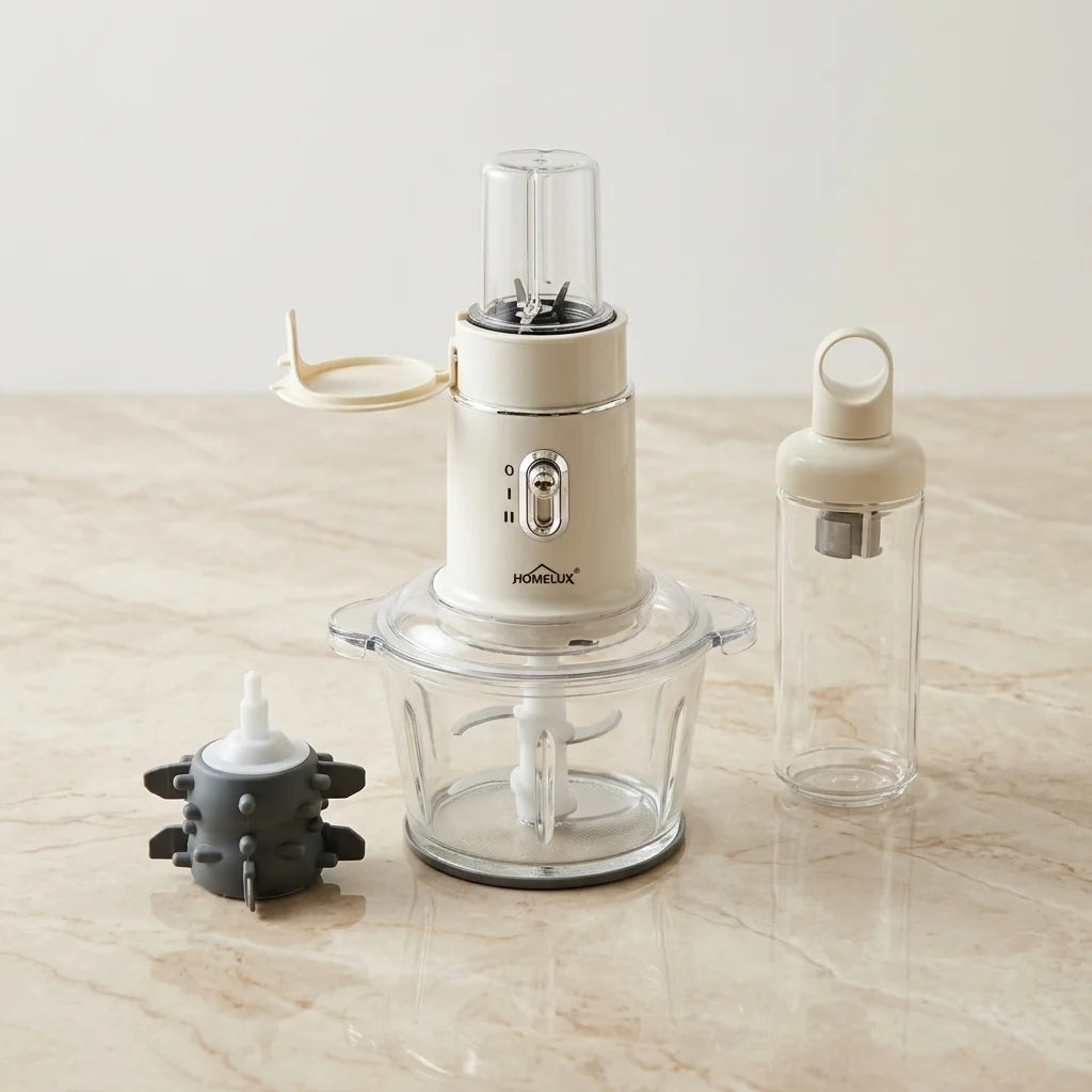 Hachoir Électrique 4 en 1  – Blender Smoothie, Moulin Café & Presse Ail