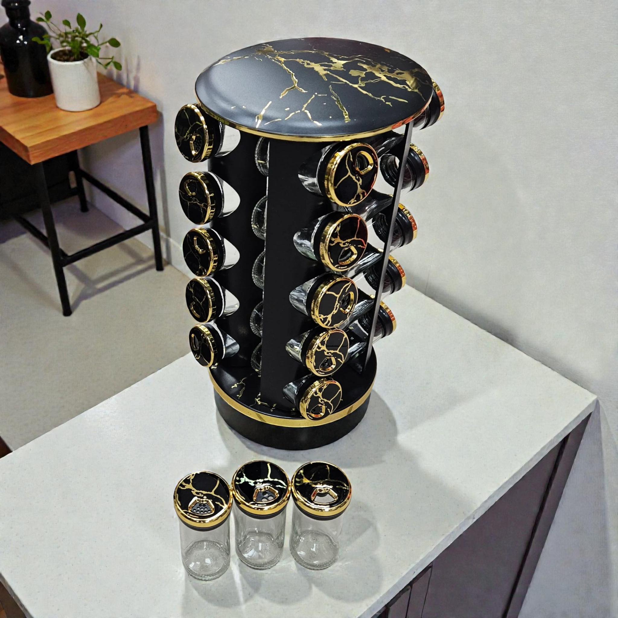 Carrousel à épices rotatif noir marbré