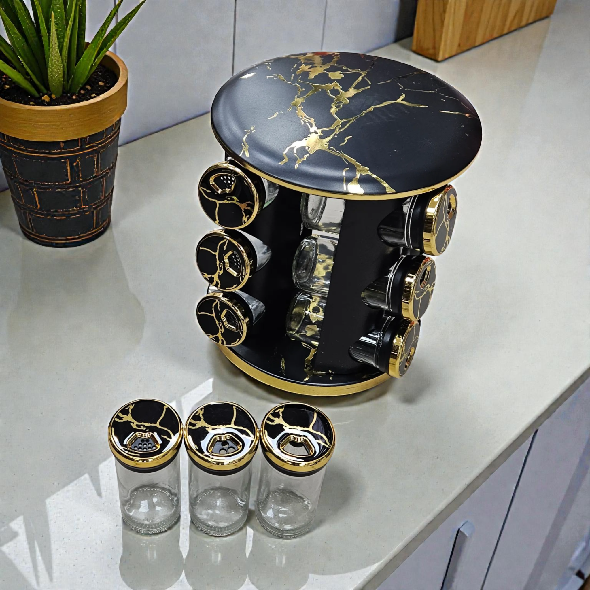 Carrousel à épices rotatif noir marbré