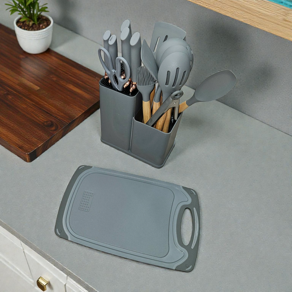 Set d’ustensiles de cuisine en silicone avec support et planche