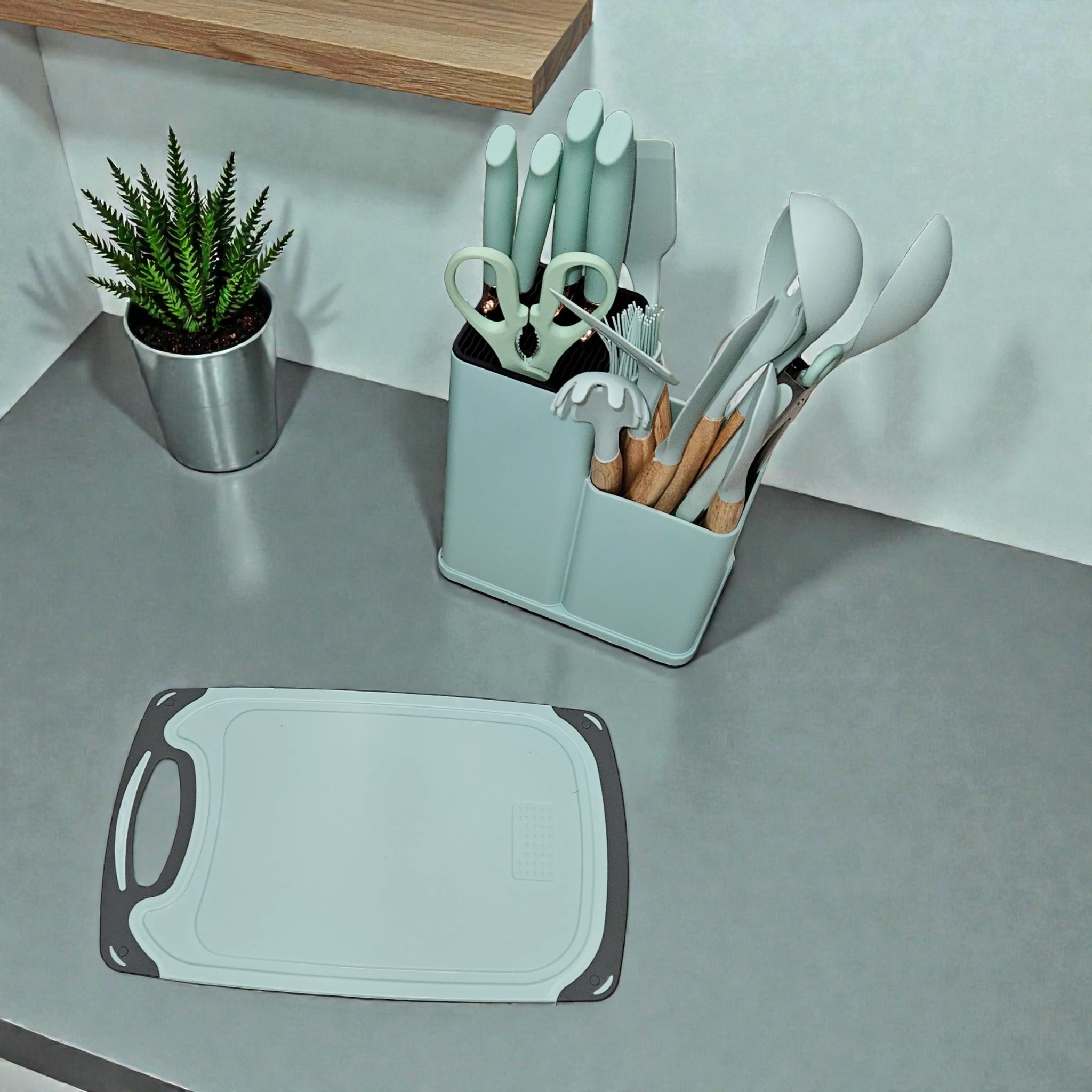 Set d’ustensiles de cuisine en silicone avec support et planche