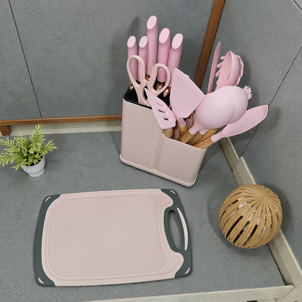 Set d’ustensiles de cuisine en silicone avec support et planche