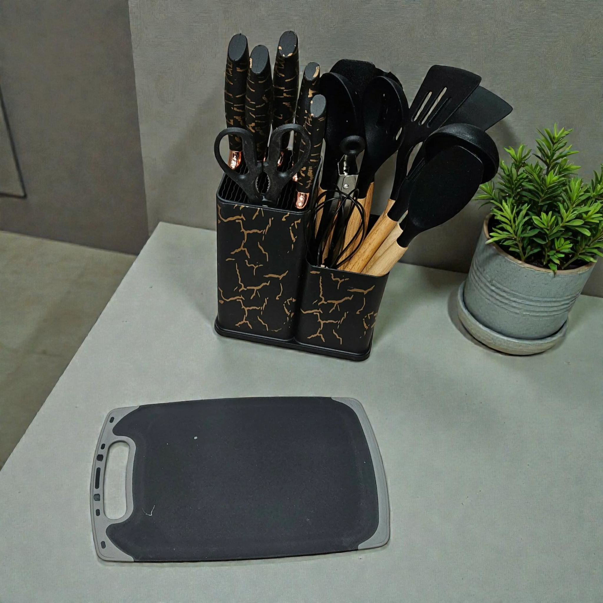 Set d’ustensiles de cuisine en silicone avec support et planche