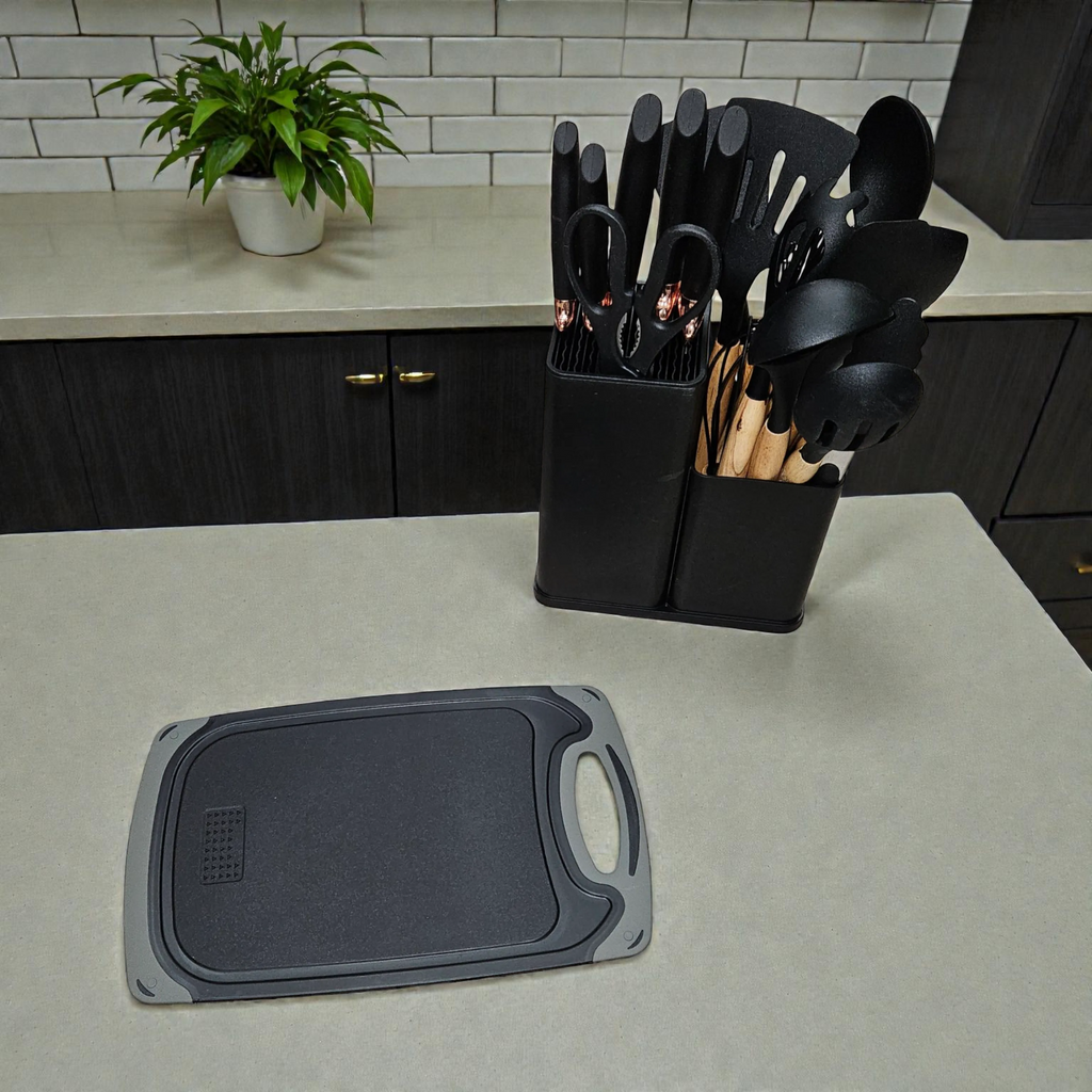 Set d’ustensiles de cuisine en silicone avec support et planche