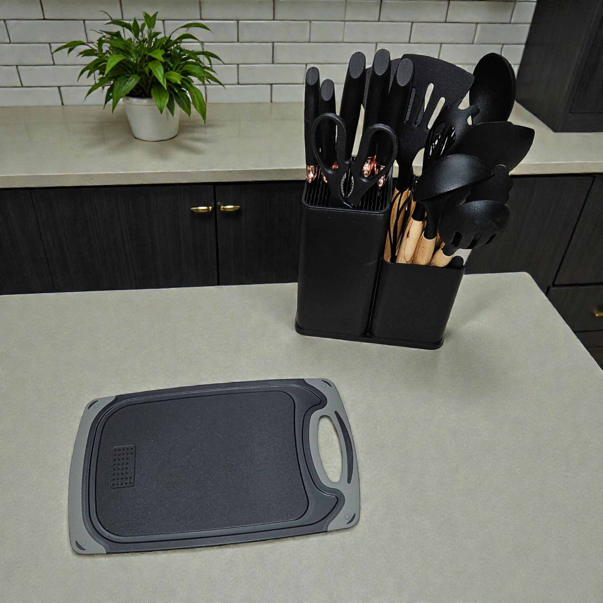 Set d’ustensiles de cuisine en silicone avec support et planche