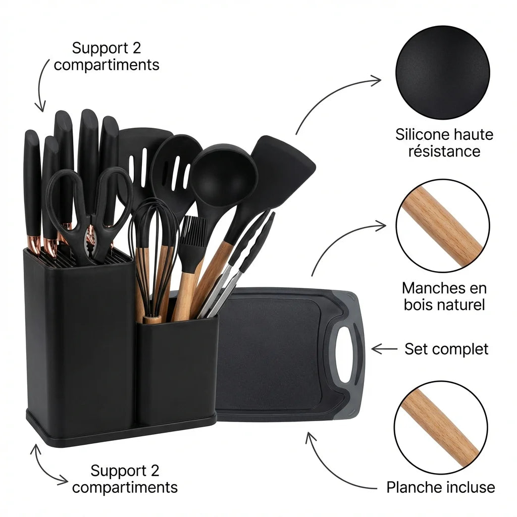 Silicone kitchen utensil set with stand and board