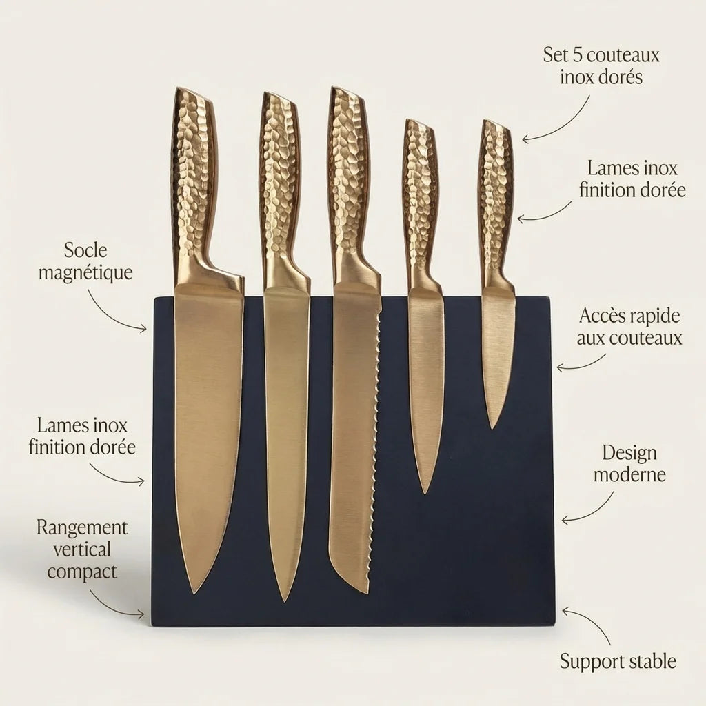 Set de couteaux de cuisine avec support aimanté – 5 pièces