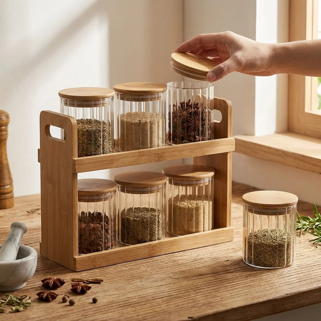Set de Bocaux à Épices 6 Pièces avec Support en Bois
