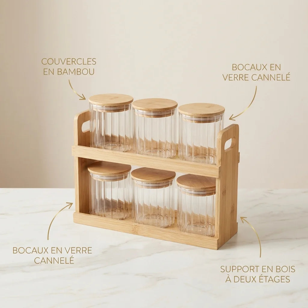 Set de Bocaux à Épices 6 Pièces avec Support en Bois