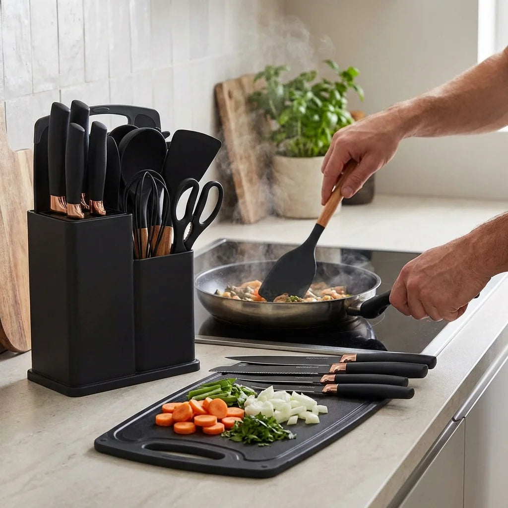 Set d’ustensiles de cuisine en silicone avec support et planche