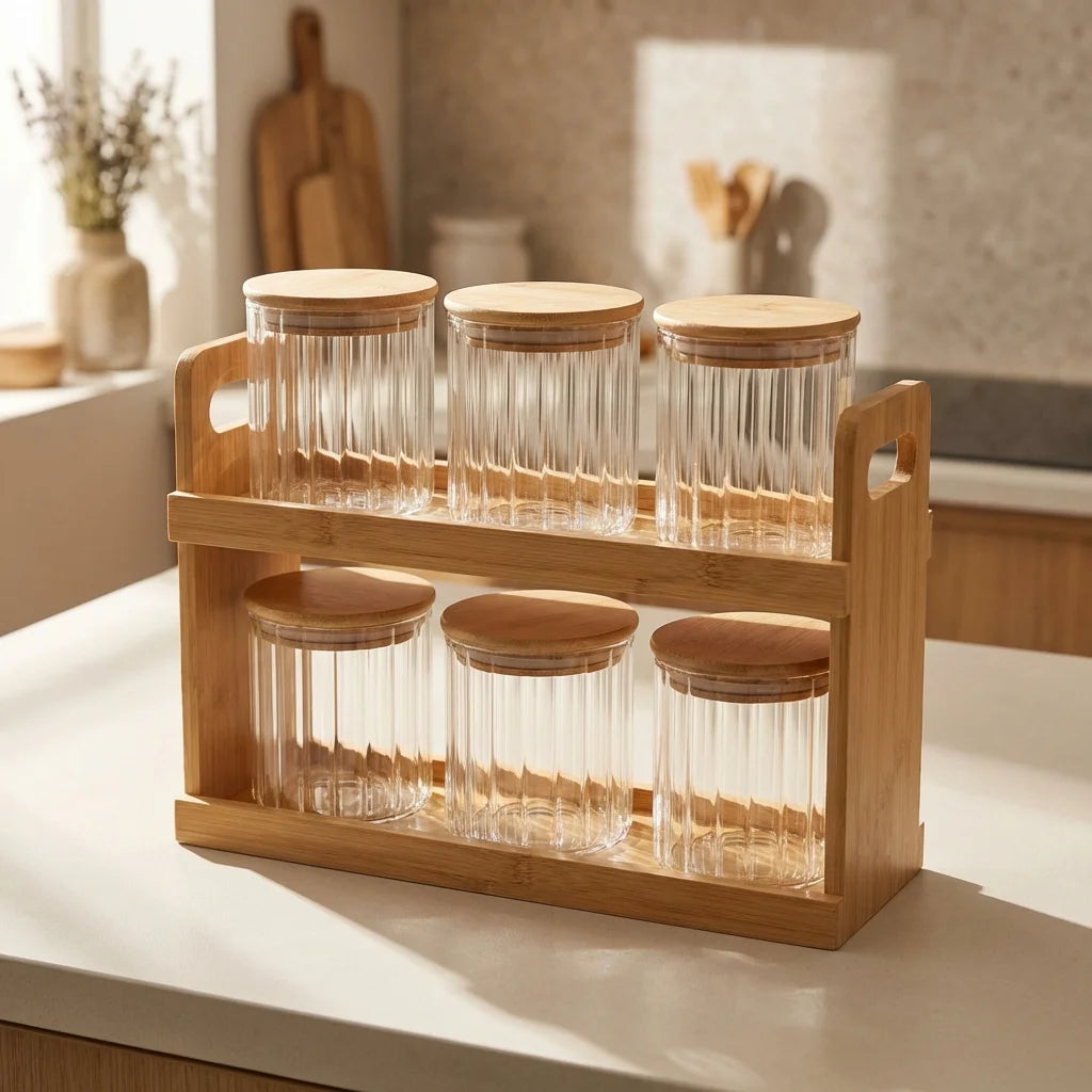 Set de Bocaux à Épices 6 Pièces avec Support en Bois