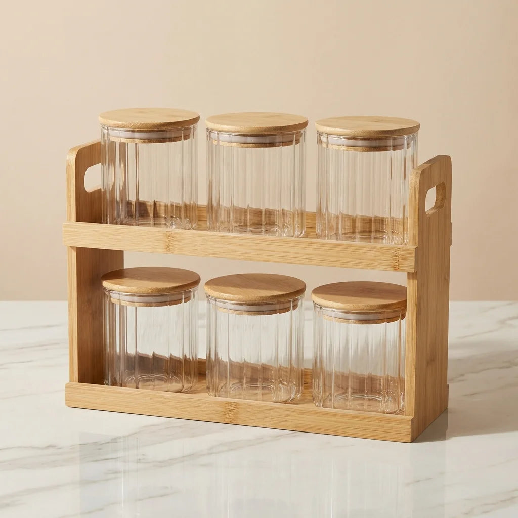Set de Bocaux à Épices 6 Pièces avec Support en Bois