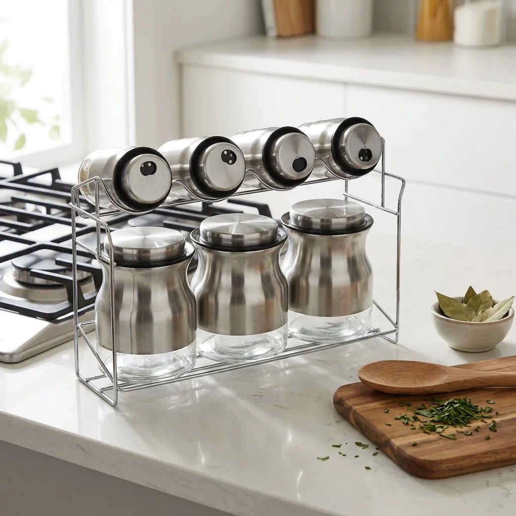 Set de 3 pots à épices avec support métallique