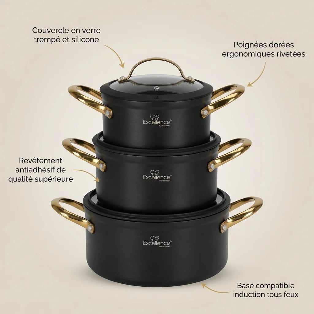 Set de Faitouts 6 Pièces – 18 / 20 / 24 cm – Noir Mat & Poignées Dorées