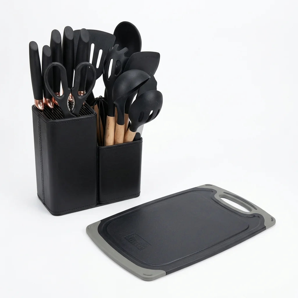 Set d’ustensiles de cuisine en silicone avec support et planche