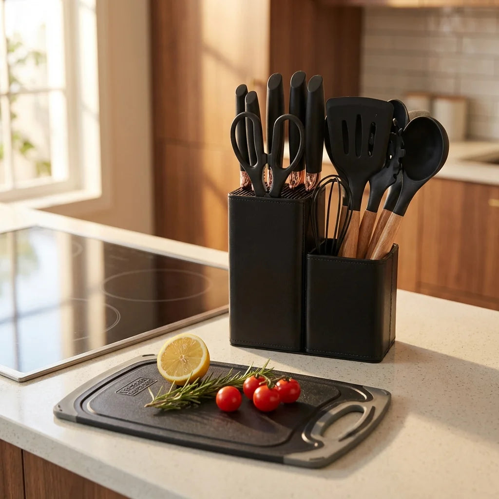 Set d’ustensiles de cuisine en silicone avec support et planche