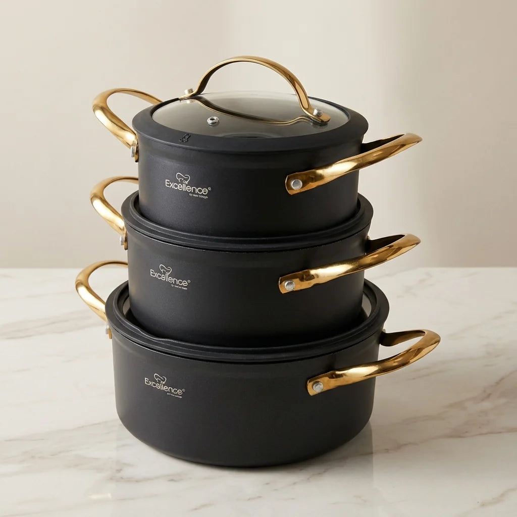 Set de Faitouts 6 Pièces – 18 / 20 / 24 cm – Noir Mat & Poignées Dorées