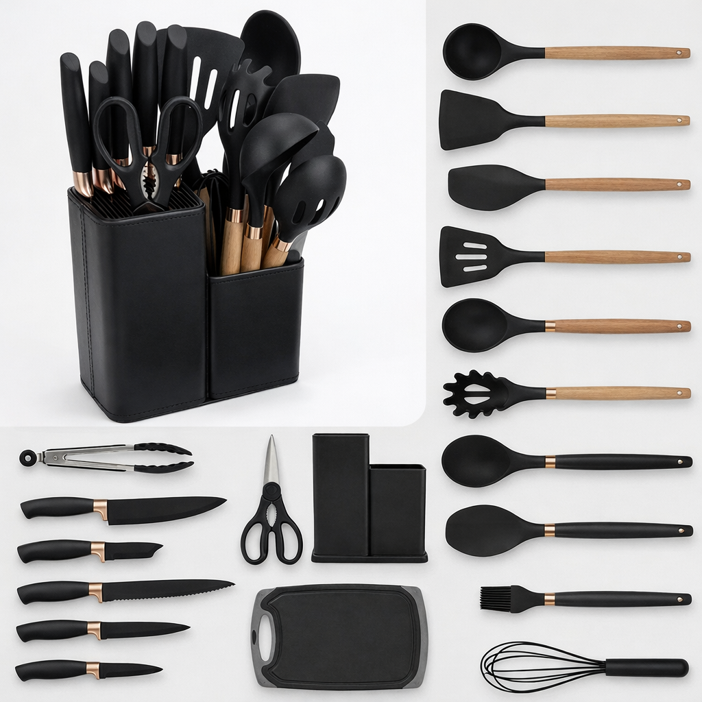 Set d’ustensiles de cuisine en silicone avec support et planche