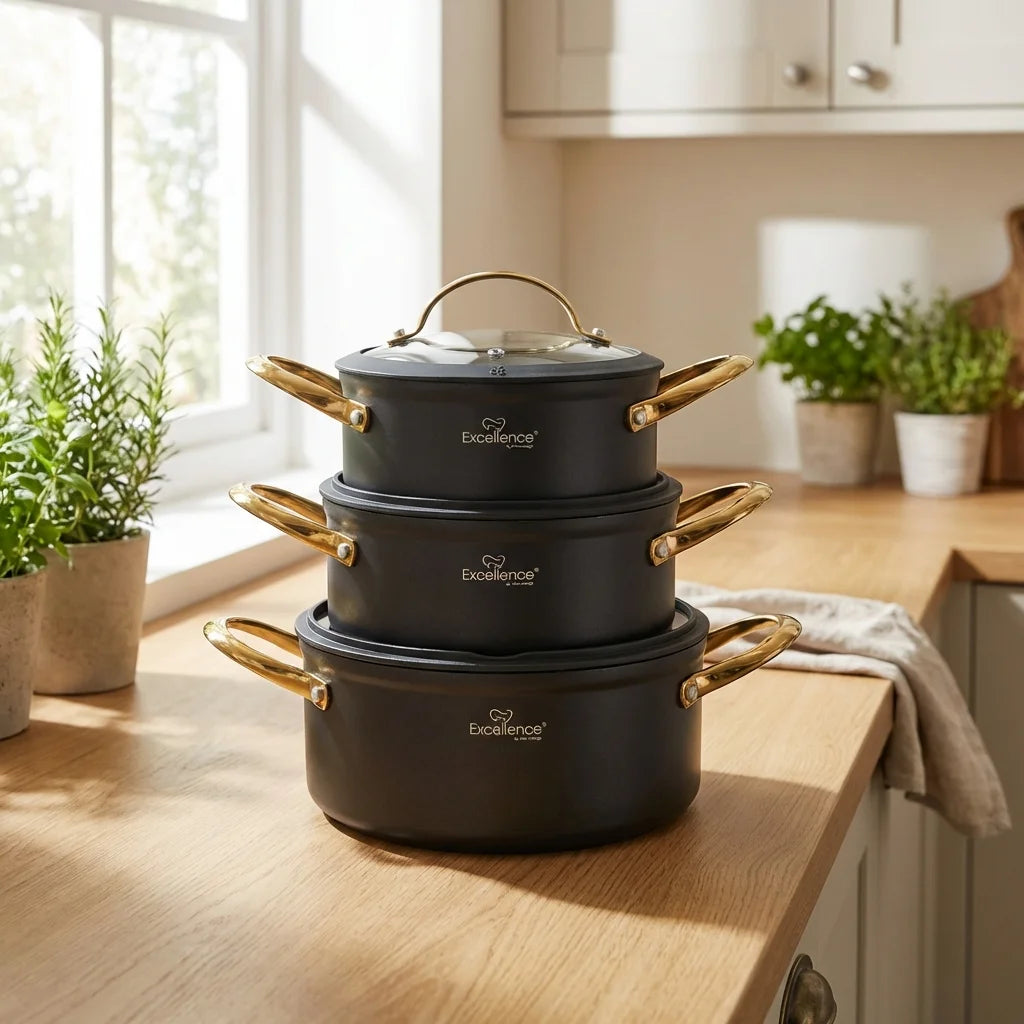 Set de Faitouts 6 Pièces – 18 / 20 / 24 cm – Noir Mat & Poignées Dorées