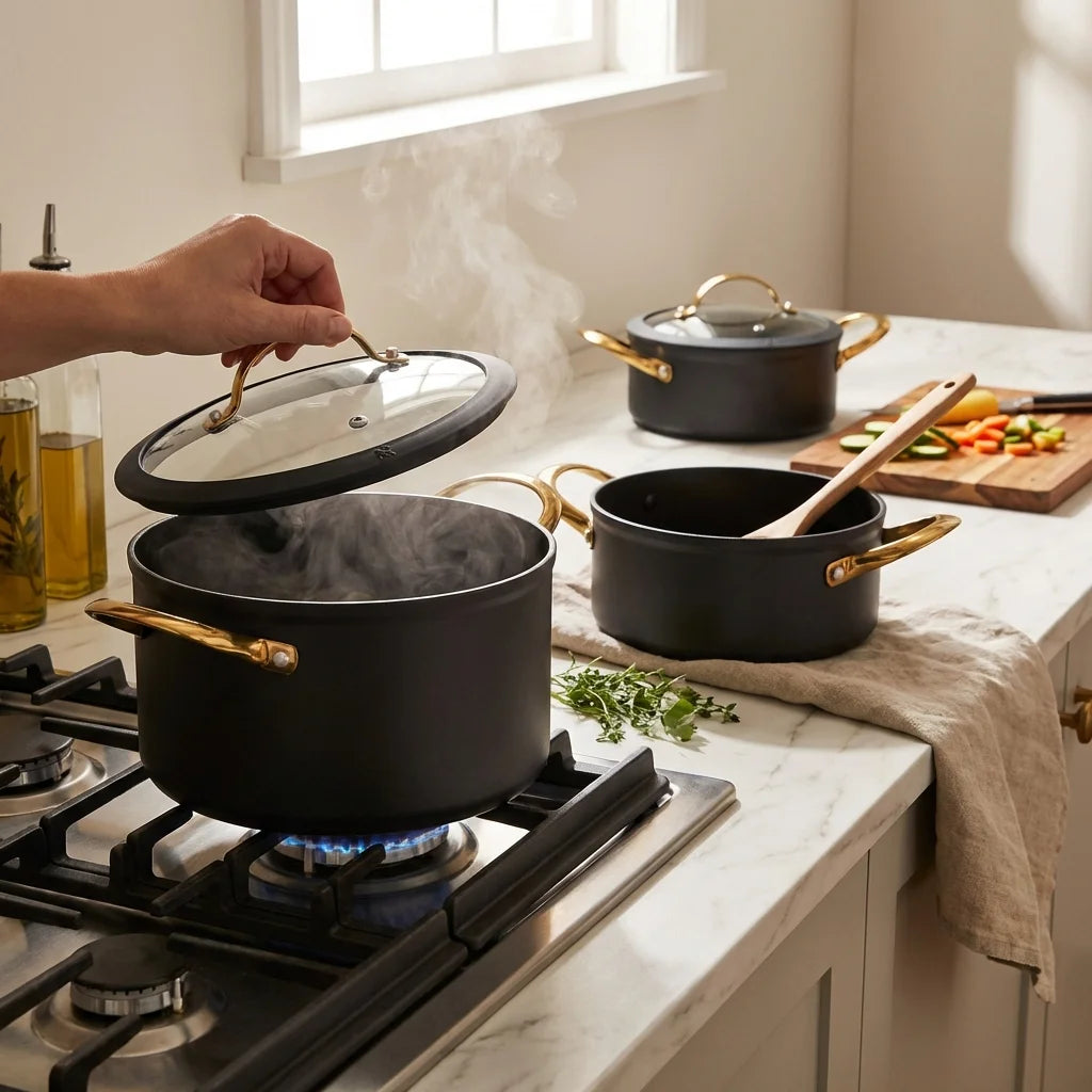 Set de Faitouts 6 Pièces – 18 / 20 / 24 cm – Noir Mat & Poignées Dorées