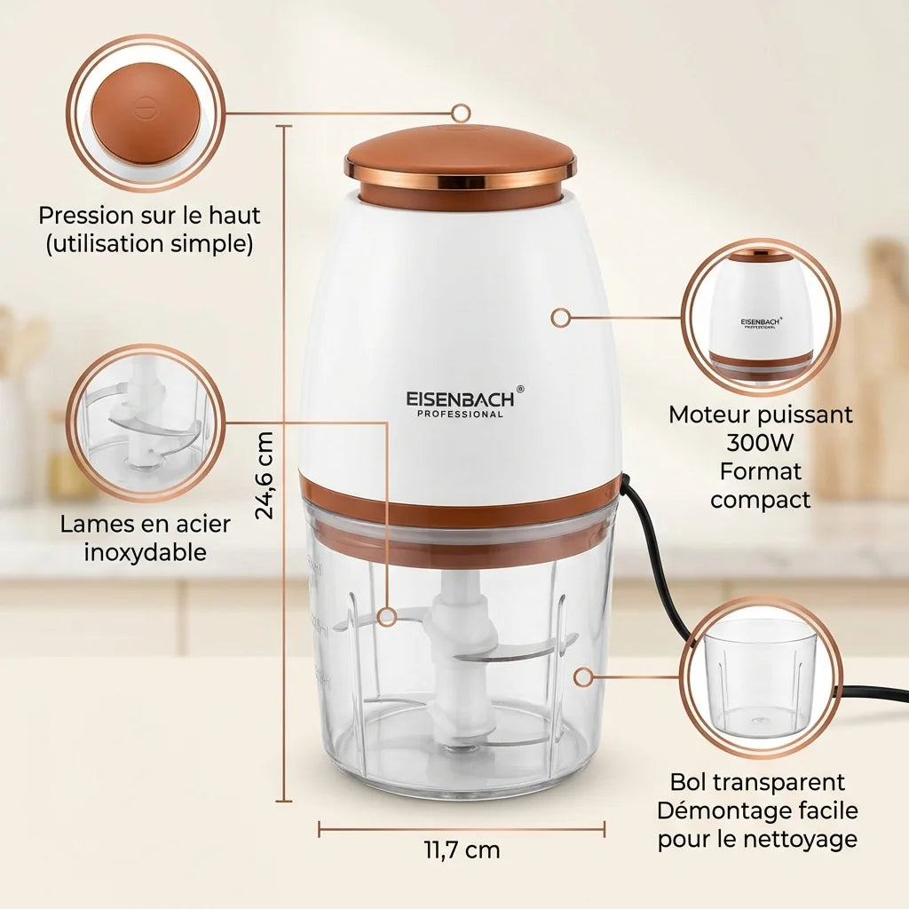 Mini Hachoir Électrique 300W – Mixeur Compact Cuisine, Lames Inox, Bol Transparent, Coupe Rapide Légumes & Viande