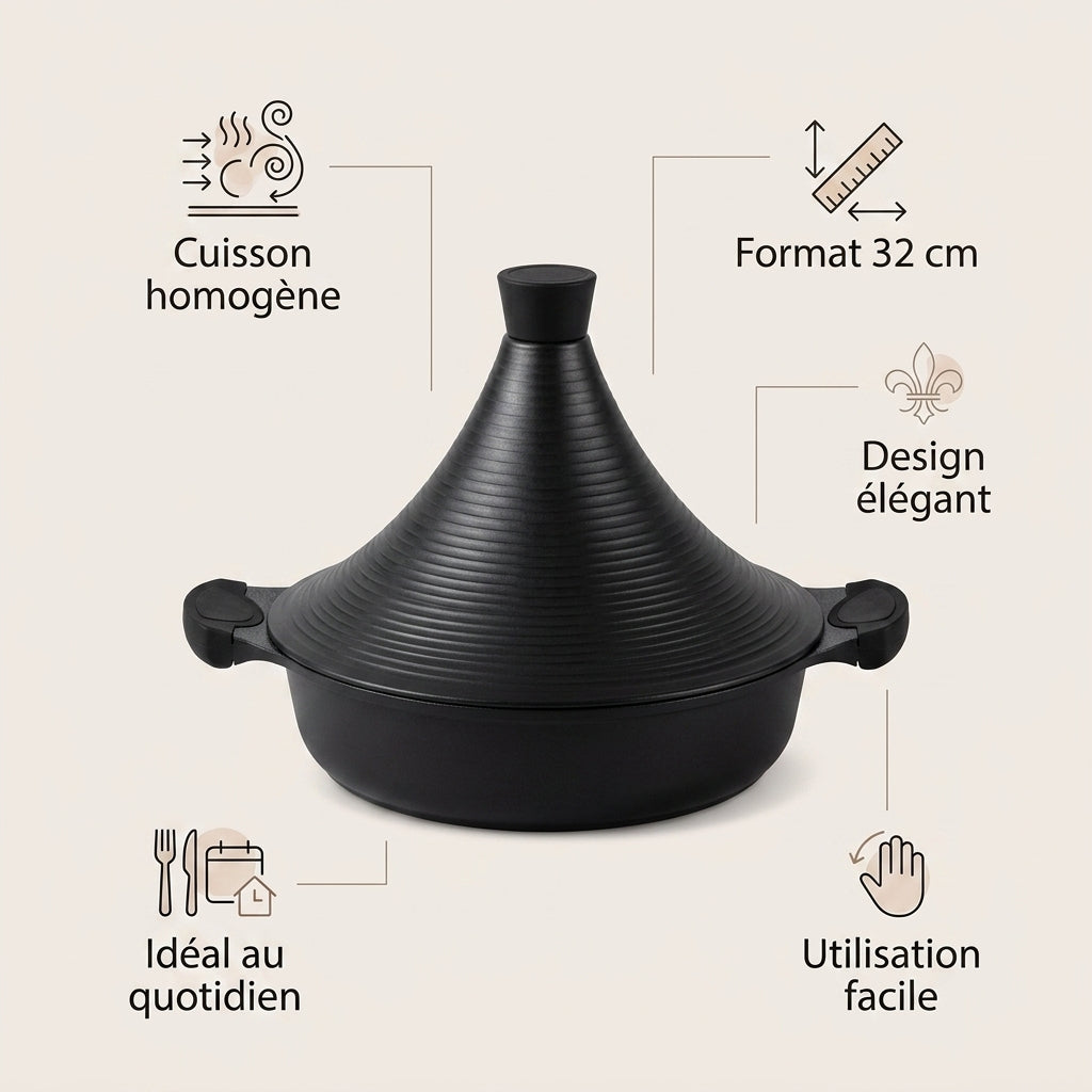 Tajine Noir 32cm en Aluminium – Revêtement Antiadhésif