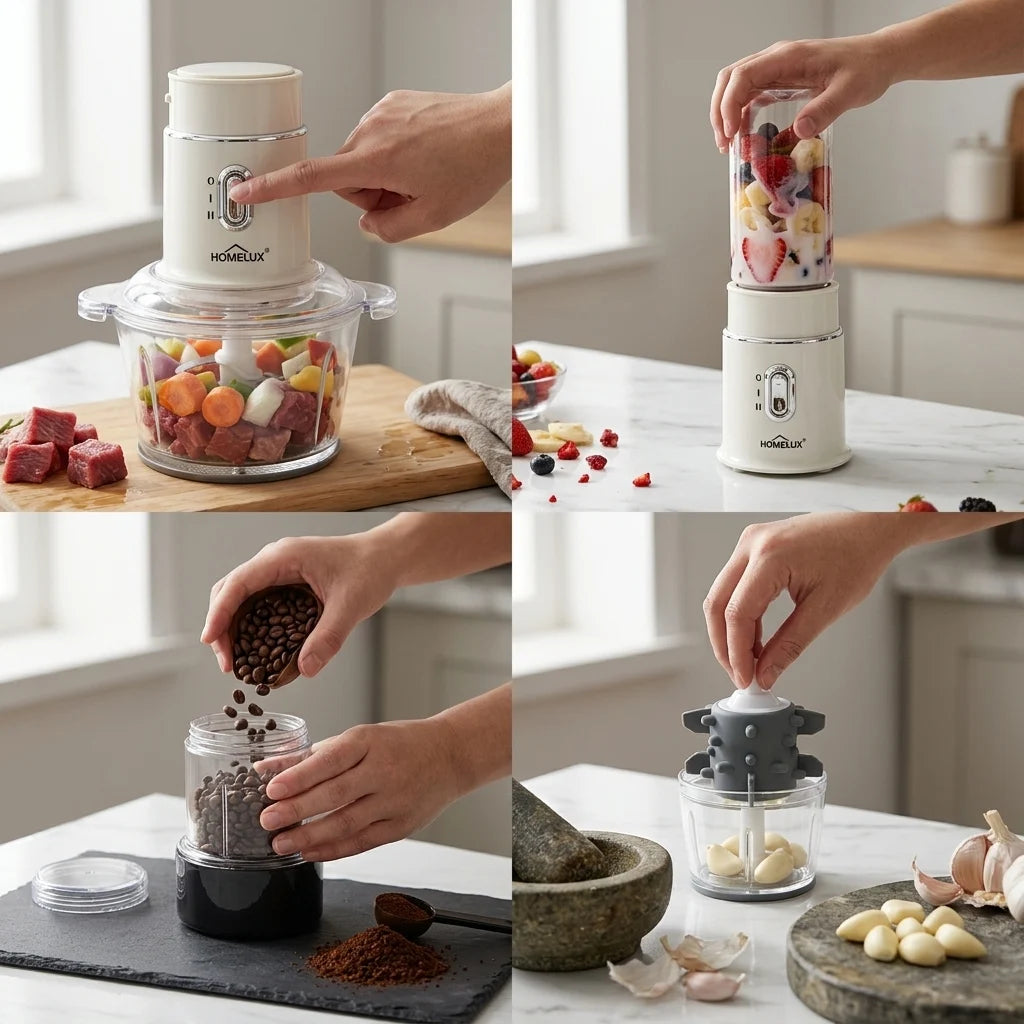 Hachoir Électrique 4 en 1  – Blender Smoothie, Moulin Café & Presse Ail