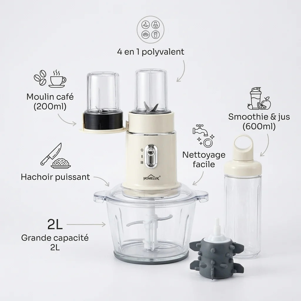 Hachoir Électrique 4 en 1  – Blender Smoothie, Moulin Café & Presse Ail