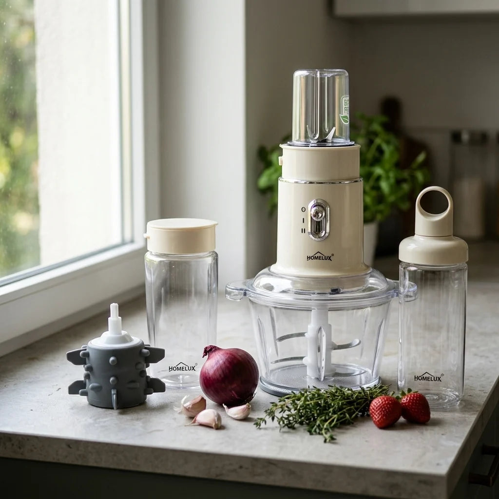 Hachoir Électrique 4 en 1  – Blender Smoothie, Moulin Café & Presse Ail